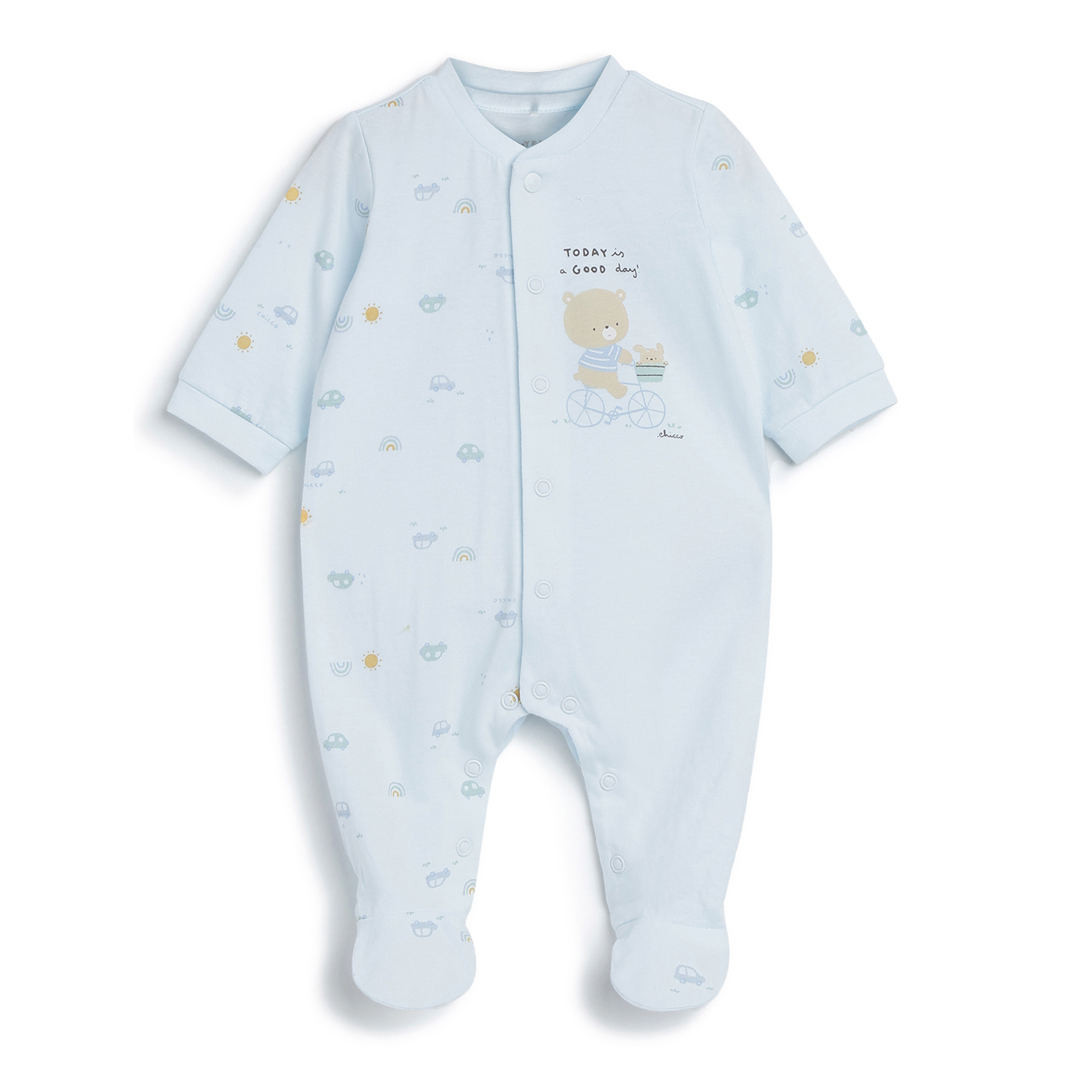Girls Printed Front Opening Babysuit-Light Blue